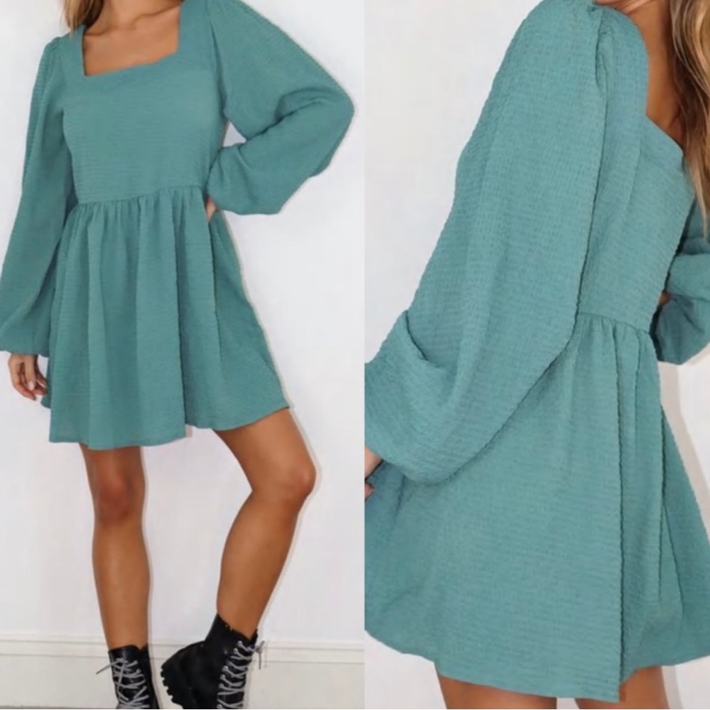 MISSGUIDED Shirred Textured Smock Dress Deep Green Size 6